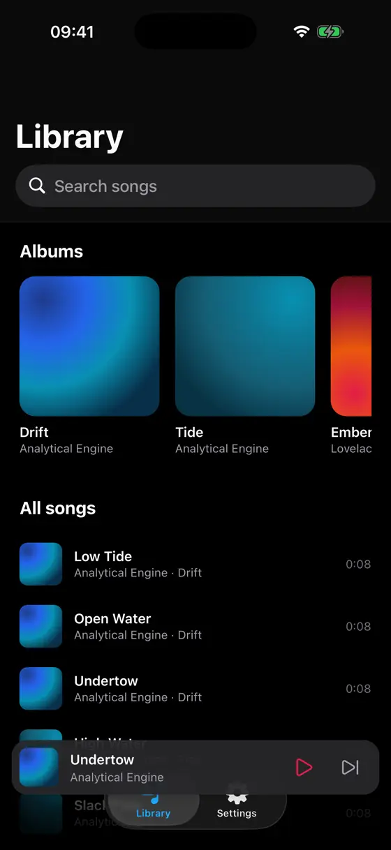 Music, Library, iOS, dark