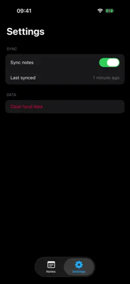 Notes, Settings, iOS, dark