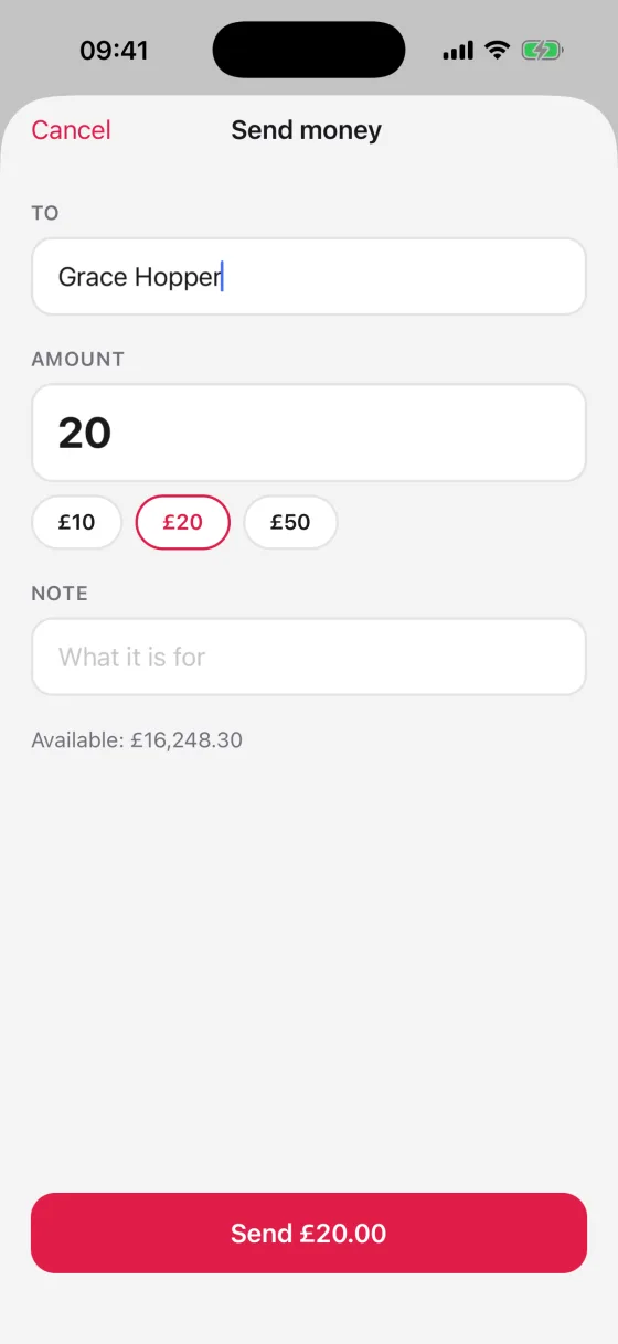 Wallet, Send money, iOS, light