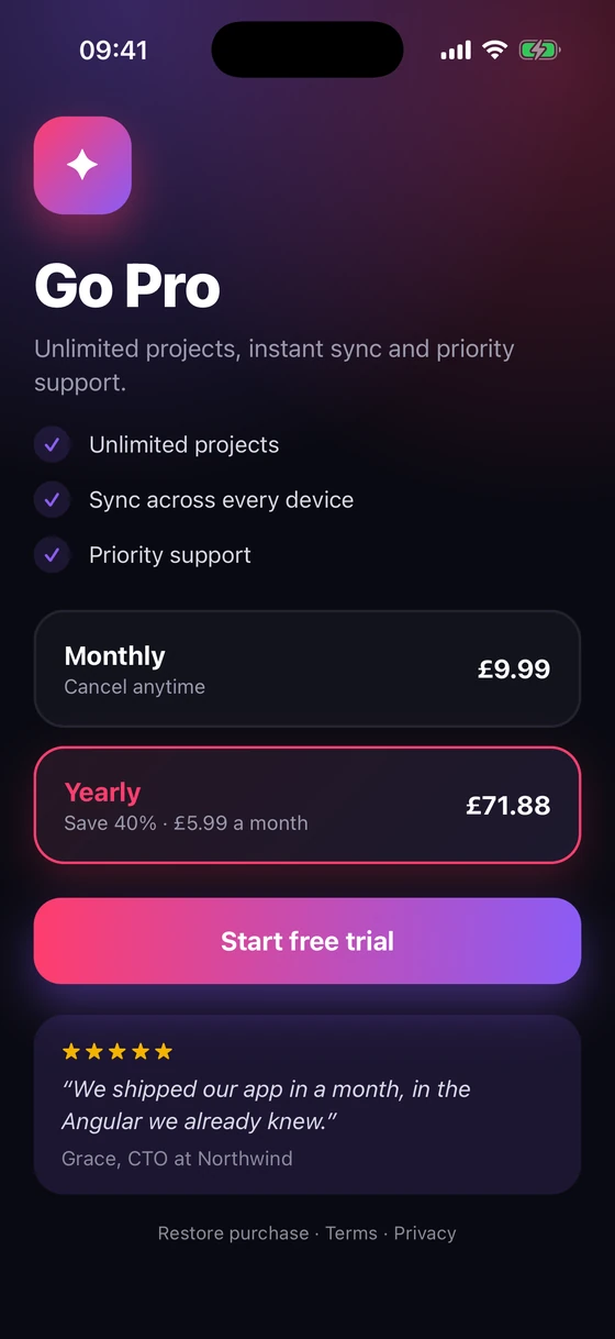 An upgrade screen on the iOS simulator in dark mode, styled with component CSS