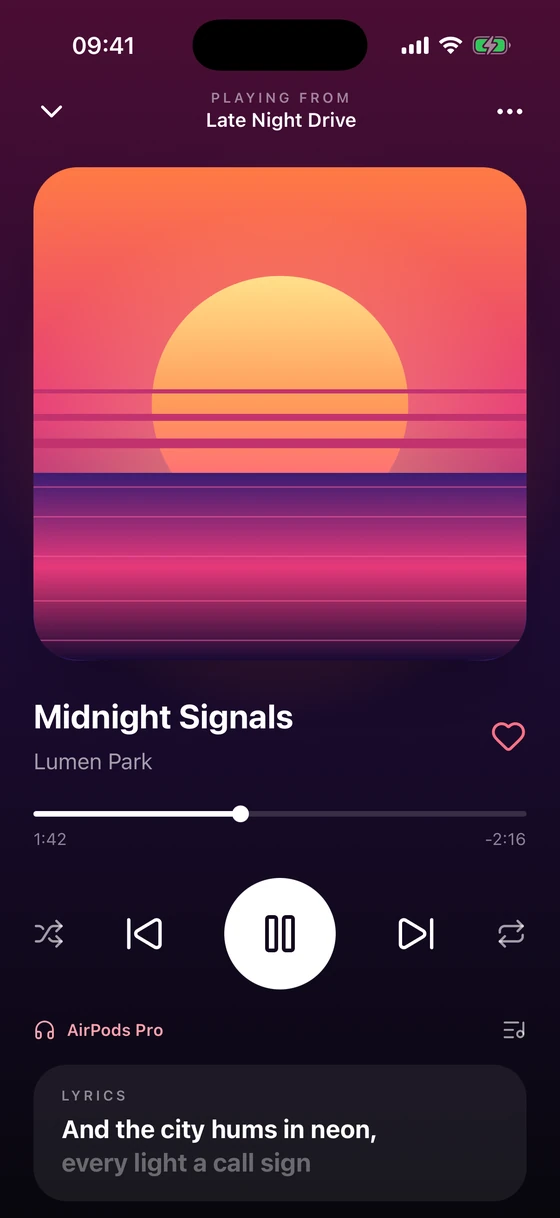 A music player with drawn sunset album art, a scrubber and playback controls, on iOS