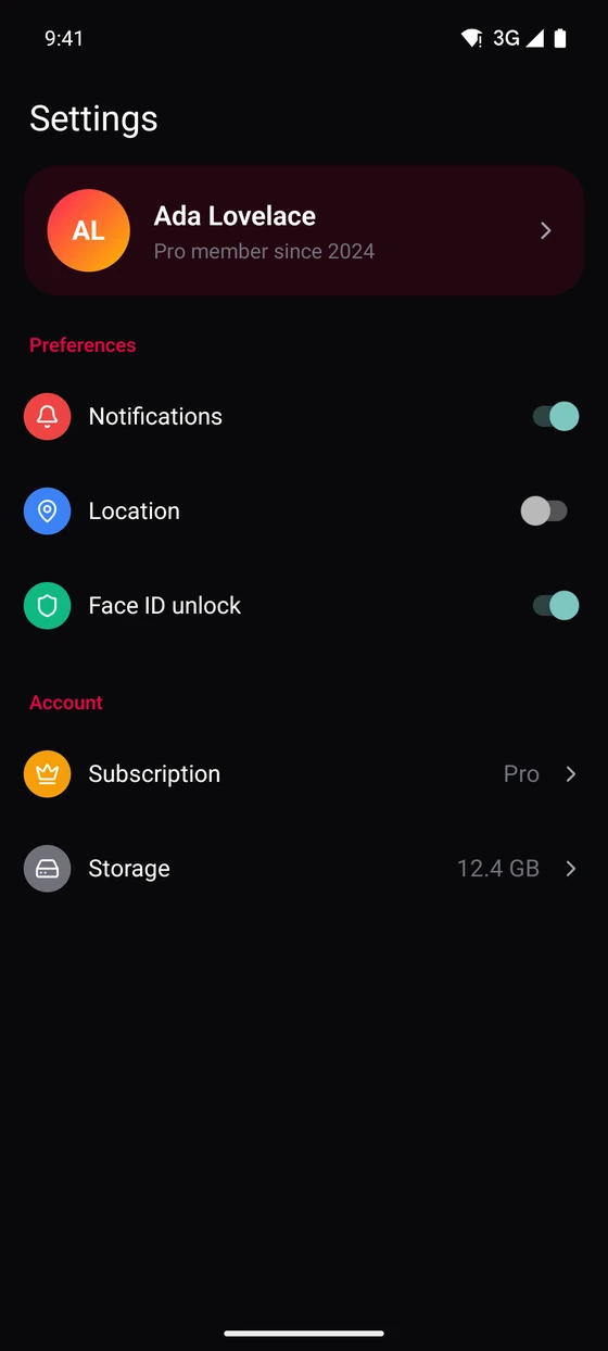 Settings on Android, dark