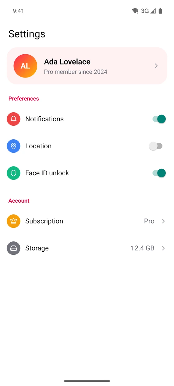 Settings on Android, light