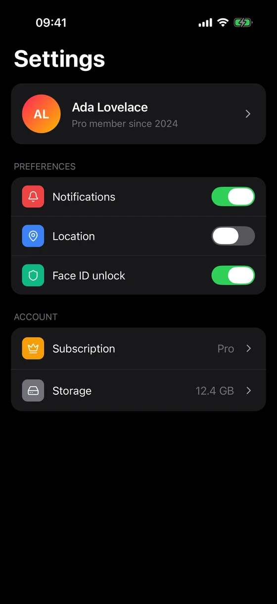 Settings on iOS, dark