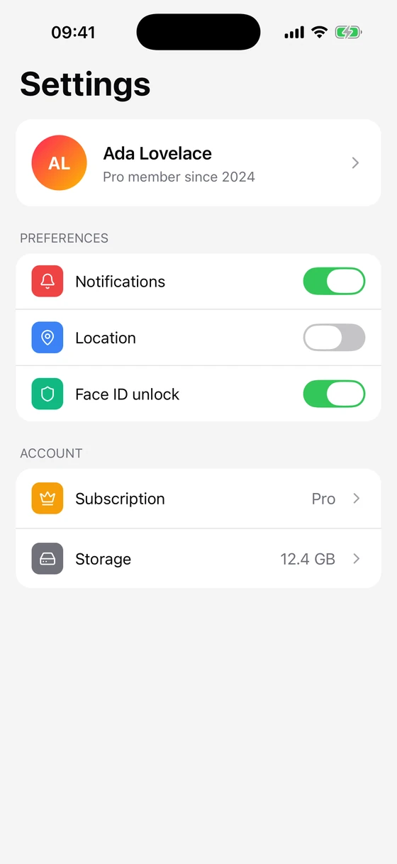 Settings on iOS, light