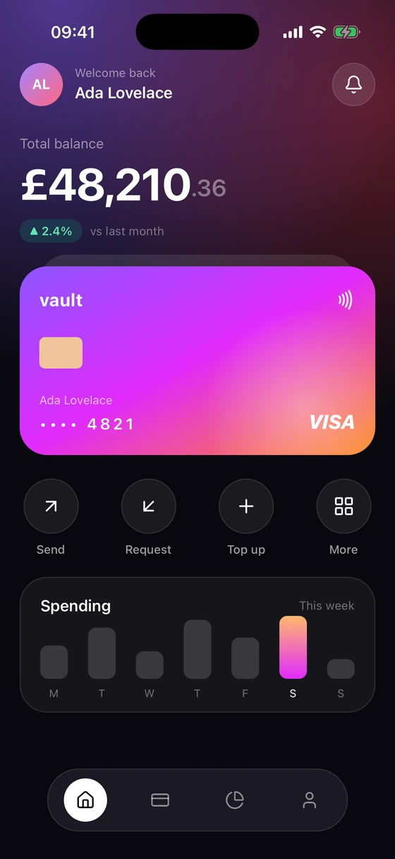 A dark banking app home screen, with a gradient card and a week of spending, on iOS